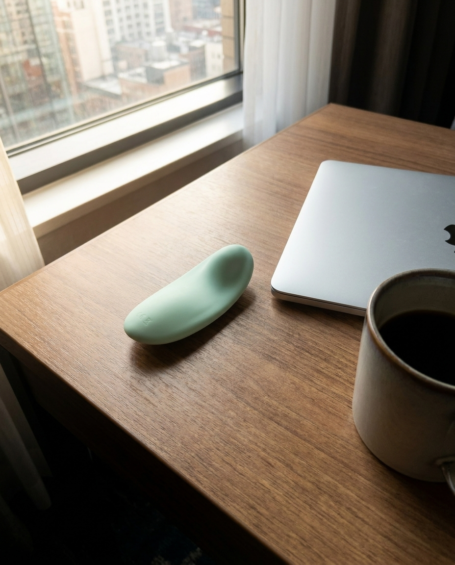 Petal Nyx on a hotel-room desk by the window with a laptop and coffee